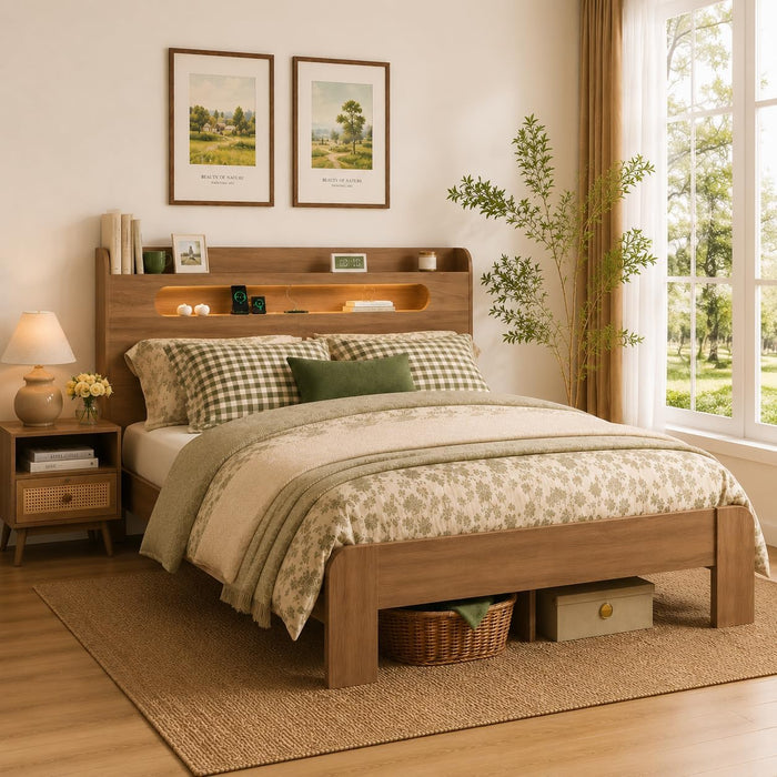 Wooden Queen Bed Frame with Storage Headboard, Farmhouse Platform