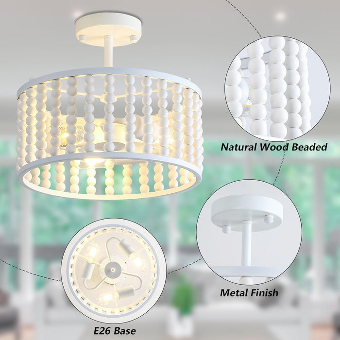 Wood Bead Semi Flush Mount Ceiling Light Boho 3 Light Mini Chandelier Nursery White Ceiling Light Fixture for Bedroom Living Room Dining Room Kitchen Entryway Girl Room Hallway