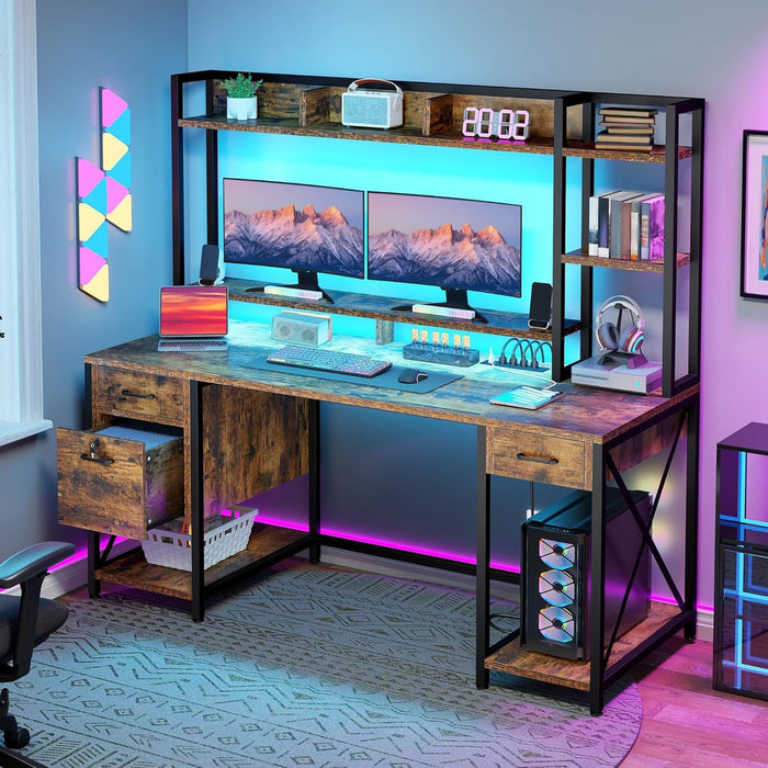 Computer Desk with Drawers & Hutch, 59.1" Office Desk with Power Outlets & LED Lights, Home Office Desk with Storage Shelves, Rustic Brown