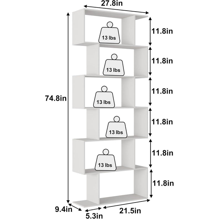 S Shaped Bookshelf, Modern Geometric Bookcase, 6-Tier White Display Case Book Shelf