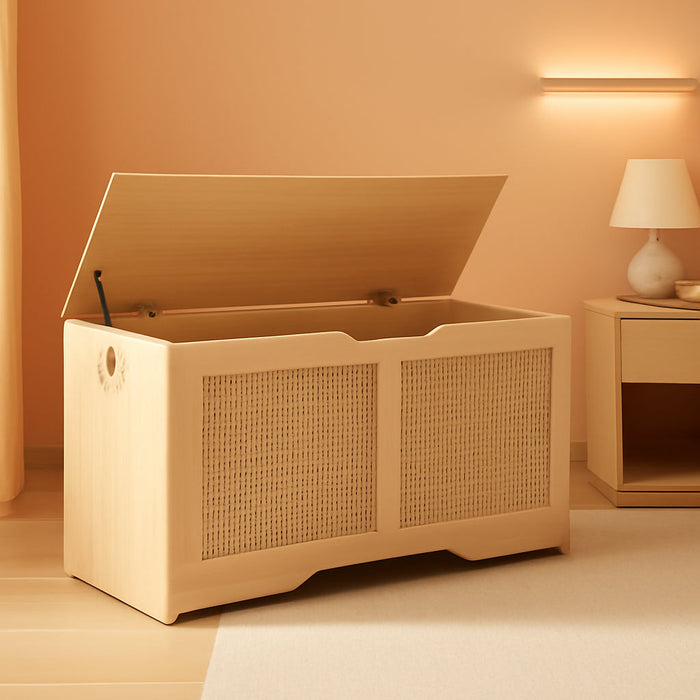 Storage Bench, 43.3" Toy Box, Rattan-Like Storage Chest, Sturdy Entryway Bench Supports 220 Lb, Toy Chest, Safety Hinge, U-Shaped Opening, Easy Assembly, Natural NL22CW01
