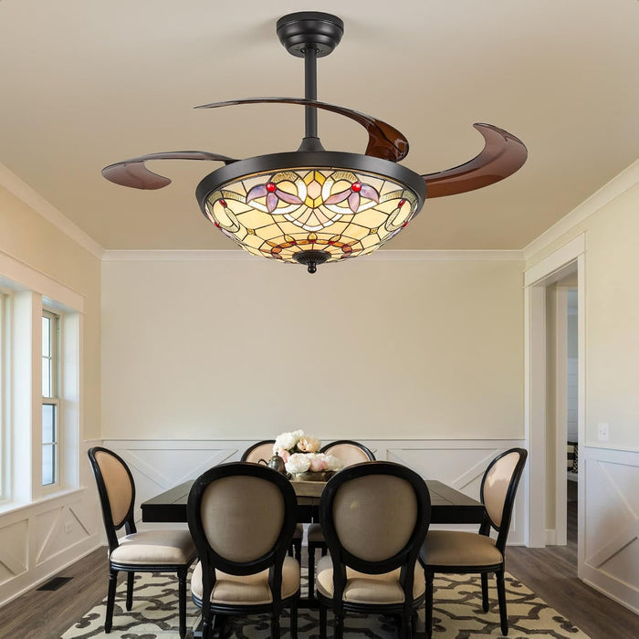 48" Tiffany Retractable Ceiling Fan with Light - (Red Dot, Black)