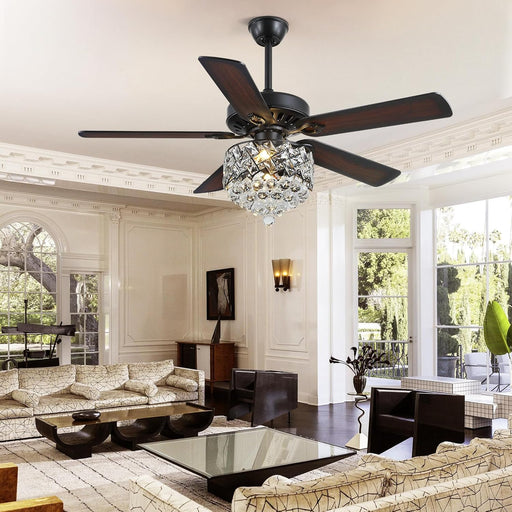 Crystal Ceiling Fan with Lights- 52" Modern Chandelier Ceiling Fan -Retro/Farmhouse Lighting，5 Blades Black Reversible Ceiling Fan with Remote Control for Bedroom Living Room