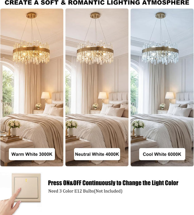 Modern Crystal Chandelier, 12-Light Brass Gold K9 Crystal Raindrop Chandelier, Adjustable Height Lighting Fixture for Living Room Dining Room Bedroom Kitchen Island Entry Foyer D19.7 Inch