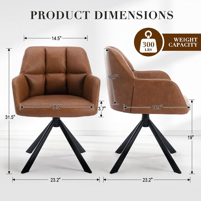 Comfy Leather Desk Chair Modern Computer Task Chair No Wheels Swivel Accent Chair with Mid Back Arm Chair for Living Room/Bedroom/Home Office, PU Brown