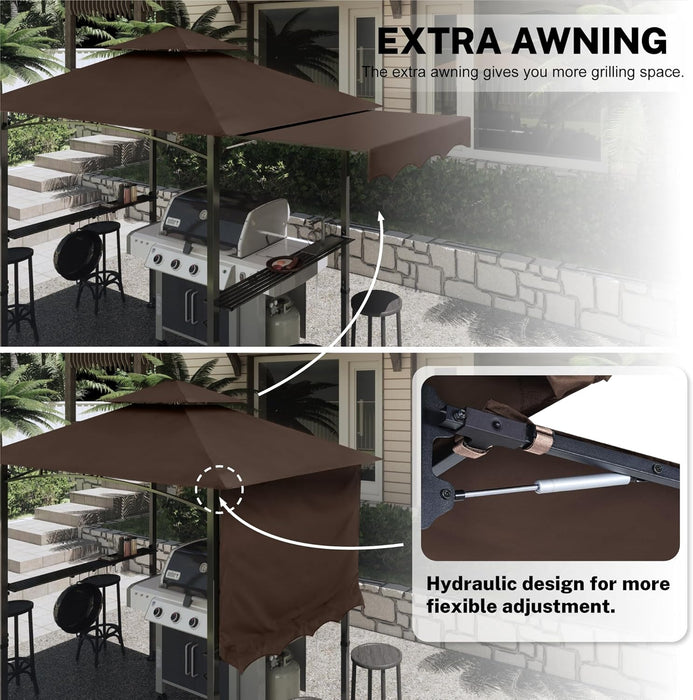 11 X 5 Grill Gazebo with Extra Side Awning Outdoor BBQ Gazebo with 2 LED Lights for Patio Party Backyard Picnic(Brown)