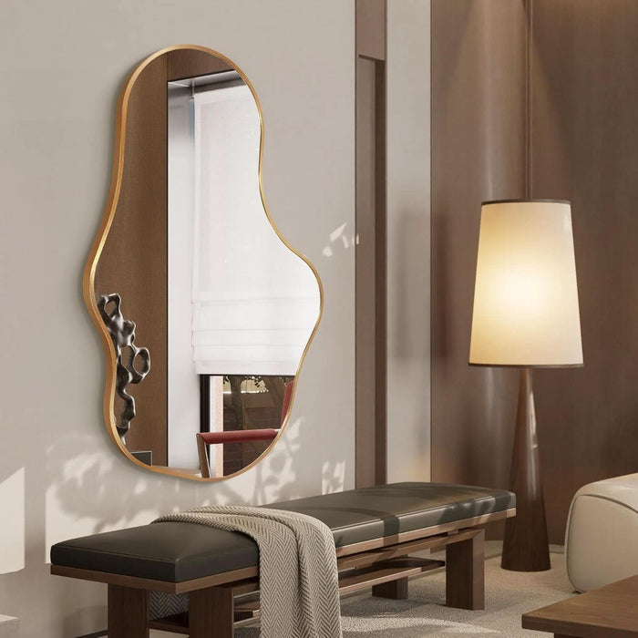 Irregular Wall Mirror - Wall Mirrors Decorative 22"X 36" Asymmetrical Abstract Mirror Aviation Aluminum Alloy Frame Unique for Bathroom, Bedroom, Living Room, Cloakroom, Entryway Gold