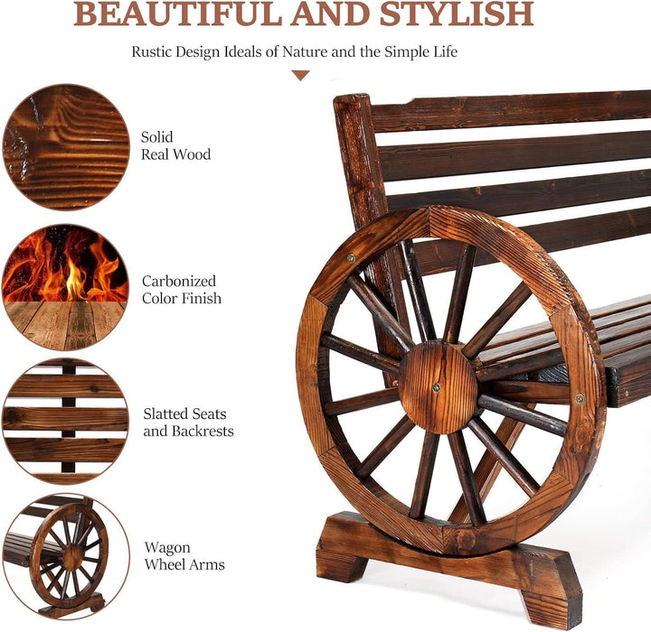 Outdoor Rustic Wooden Bench with Wagon Wheel Arms, 3 People Outdoor Bench Garden Bench Front Porch Furniture Patio Lawn Yard Park, Indoor and Ourdoor Decor