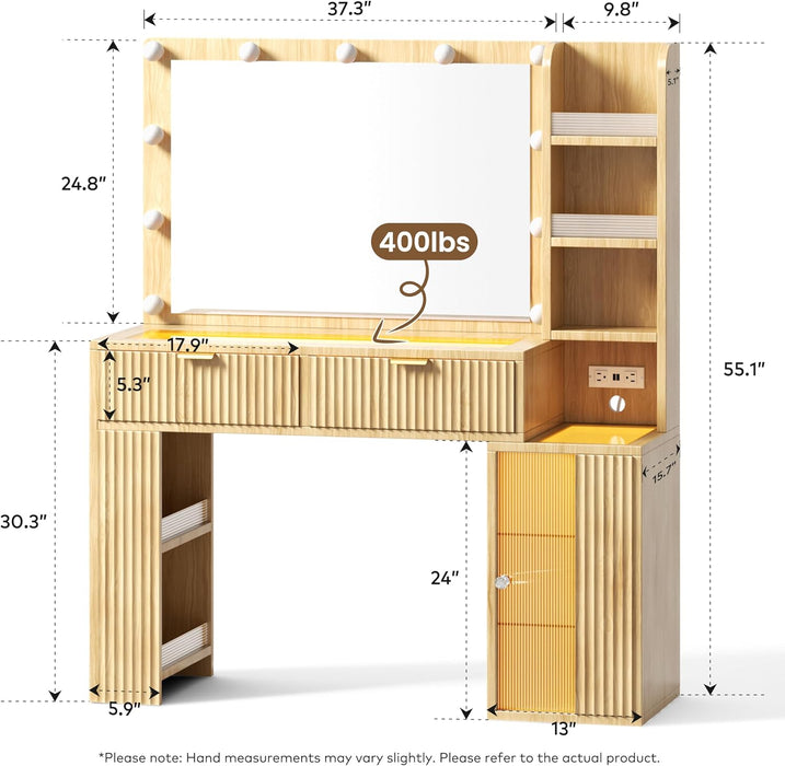 47'' Fluted Makeup Vanity Desk with Large 36" Mirror & Hollywood Bulbs, Smart RGB Lights, Glass Top Vanity with 5 Shelves, 2 RGB Drawers, Acrylic Cabinets, Wood Vanity with Charging Station,Oak
