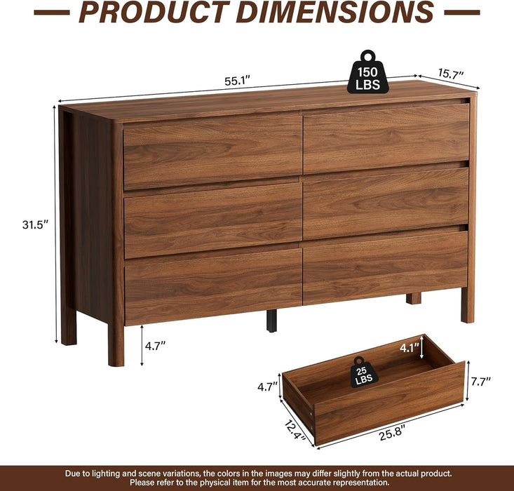 55" Mid-Century Modern Dresser for Bedroom, 6 Drawer Wide Chest of Drawers with Wood Legs, Large Storage Bedroom Dresser, Walnut