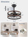 16.5In Caged Ceiling Fan with Light, Bladeless Industrial Ceiling Fan with Remote, Rustic Metal Fan Lights Ceiling Fixtures for Kitchen, Farmhouse, Bedroom（6 Speed,1/2/4/8H Timing）-Walnut