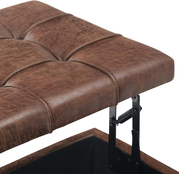 Harrison 36 Inch Wide Transitional Square Coffee Table Storage Ottoman in Distressed Umber Brown Vegan Faux Leather, Assembled, for the Living Room and Bedroom