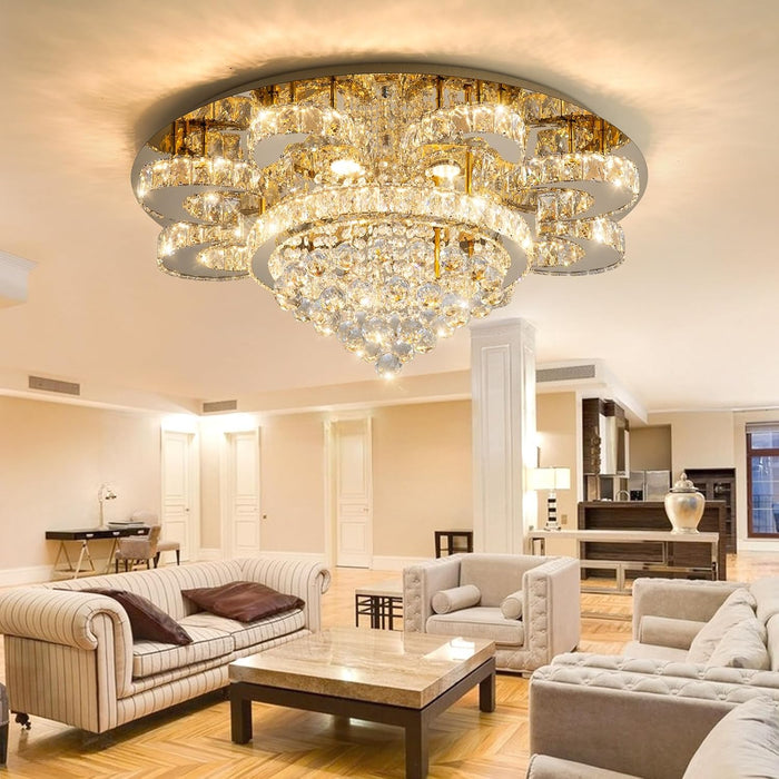 Modern Chandelier Living Room Glam Chandeliers Ceiling Light Fixture Remote Dimmable Lights 32 Inches Luxury Crystal Gold Light