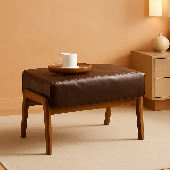 Rectangle Ottoman Bench, Modern Coffee Leatherette Footstool with Walnut Rubberwood Legs for Living Room, Bedroom