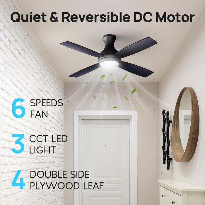 52 Inch Ceiling Fan with Lights, Modern Black Ceiling Fan, Remote Control, Quiet Reversible DC Motor, Flush Mount, Dimmable 3CCT LED Light, Double Finish Blade, for Indoor Bedroom Living Room
