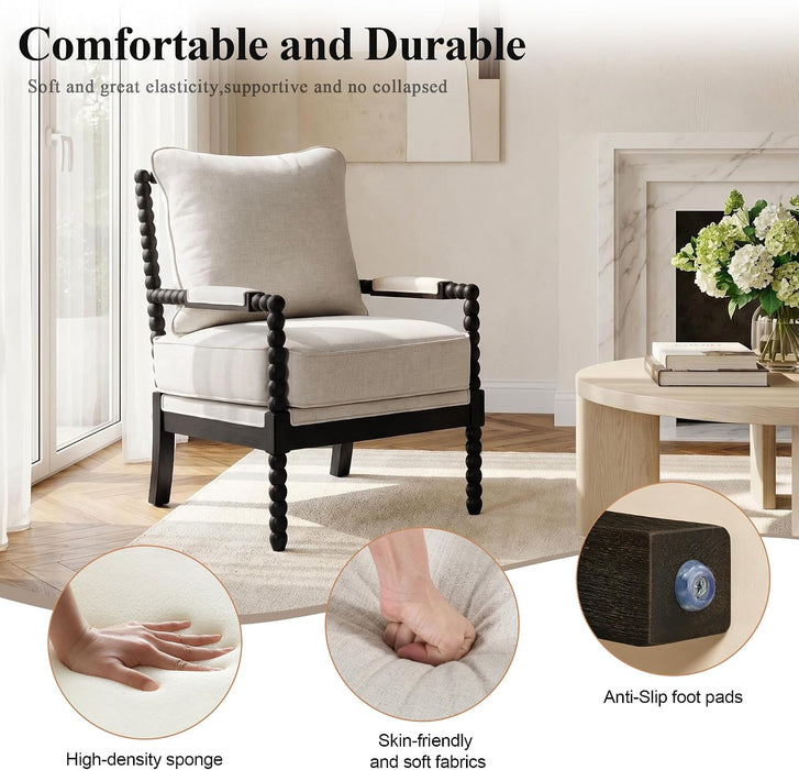 Linen Fabric Spindle Accent Chair with Wood Frame,