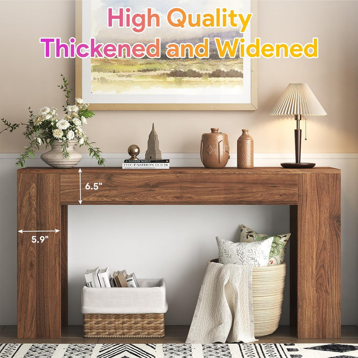 63-Inch Long Console Table with LED Light, Farmhouse Sofa Table behind Couch, Wooden Console Table for Entryway Hallway Entrance Living Room, Brown