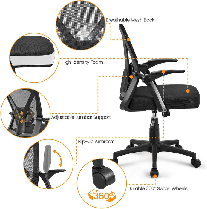 Home Office Chair Work Desk Chair Swivel Computer Mesh Chair with Flip-Up Arms Adjustable Height Lumbar Support Executive Office Task Chair for Home Office Students Study, Black