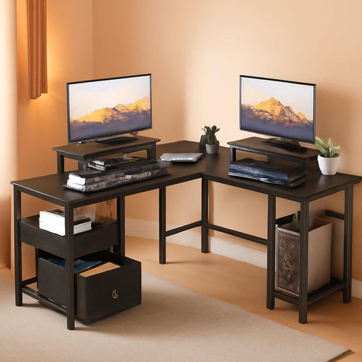 FiftyNineInch LShaped Desk With Black StorageDrawers Unit