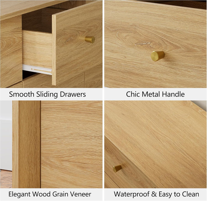 9 Drawer Dresser, Mid Century Modern Dresser with Storage, 55" Wide Chest of Drawers with Wood Grain Texture, Dressers TV Stand for Bedroom, Living Room, Hallway, Gold Oak