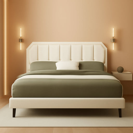 Queen Bed Frame, Velvet Upholstered Platform Bed with Golden Trim, Modern Style Bed with Adjustable Headboard, No Box Spring Needed, Strong Wooden Slats, No-Noise, Easy Assembly, Beige