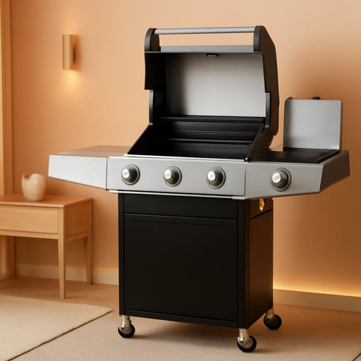 3-Burner Propane Gas BBQ Grill with Side Burner & Porcelain-Enameled Cast Iron Grates Built-In Thermometer, 39,000 BTU Outdoor Cooking, Patio, Garden Barbecue Grill, Black and Silver