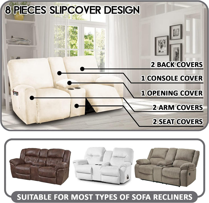 Reclining Love Seat with Middle Console Slipcover, 8-Piece Velvet Stretch Loveseat Reclining Sofa Covers, 2 Seat Love Seat Recliner Cover, Thick, Soft, Washable, Love Seat Slipcovers (Ivory)