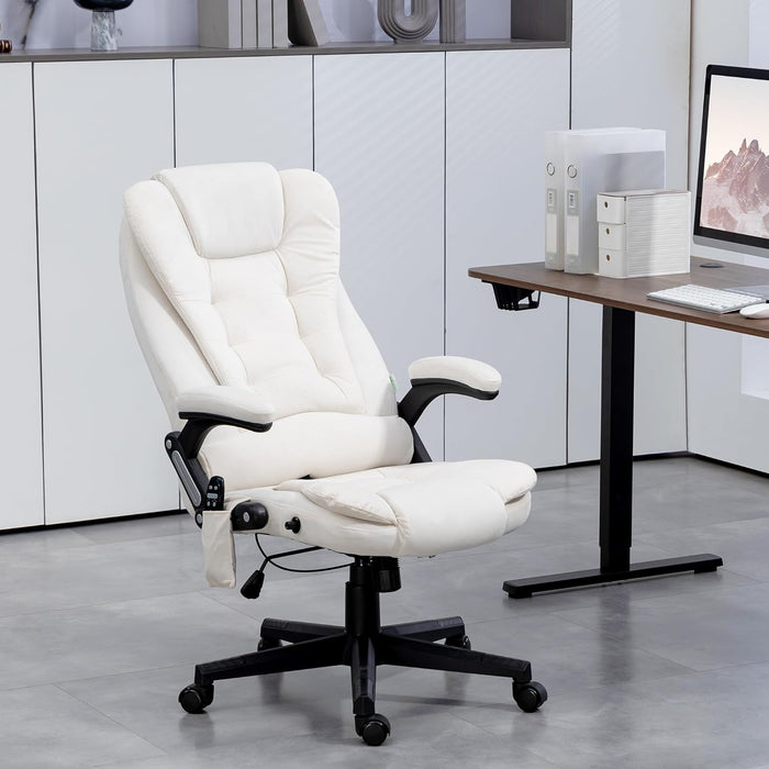 6 Point Vibrating Massage Office Chair with Heat, Velvet High Back Executive Office Chair with Reclining Backrest, Padded Armrests and Remote, Cream White