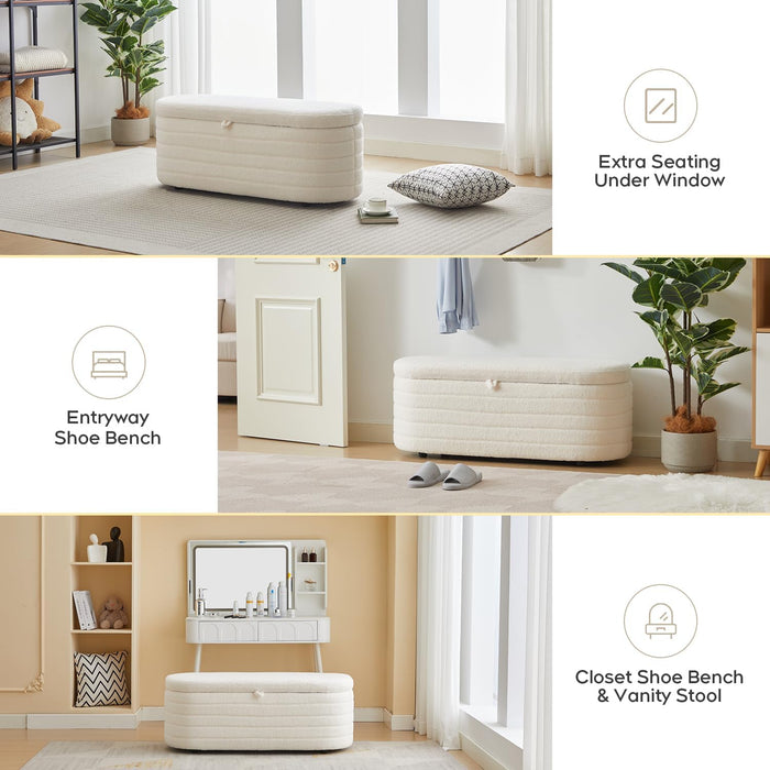 Storage Ottoman Bench End of Bed for Bedroom,45 Inch Boucle Upholstered Entryway Shoe Seat Bench W/ Storage,Sherpa Modern Cute Padded Blanket Chest Stool Foot Rest for Living Room,Off-White
