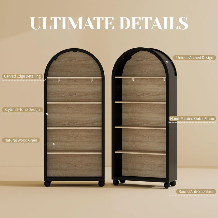 64" Tall Black Arched Bookcase, 5 Tiers Arch Bookshelf with Open Display Shelves, Wood Farmhouse Bookshelf with Storage,College Dorm Room Essential,Modern Book Shelf for Office, Study