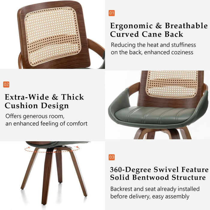 Set of 4 Green Rattan Dining Chairs - Mid Century Modern Dining Chairs with Walnut Bentwood Frame, Ergonomic Rattan Back, Curved Arms, Versatile for Living Room/Conference/Kitchen (Walnut Green)