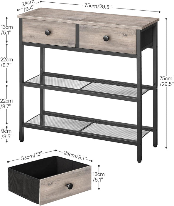 29.5" Narrow Console Table with 2 Fabric Drawers, Sofa Table, Small Entryway Table with 3-Tier Storage Shelves, behind Couch Table, for Living Room, Hallway, Greige and Black BG72XG01