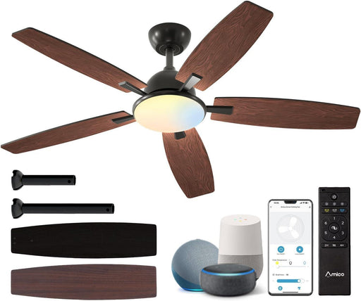 Ceiling Fans with Lights, 52 Inch Smart Ceiling Fan with Remote/App/Alexa Control, Reversible DC Motor, 5 Blades, 6 Speeds, 3CCT, Dimmable, Noiseless, Wifi Ceiling Fan for Farmhouse, Bedroom