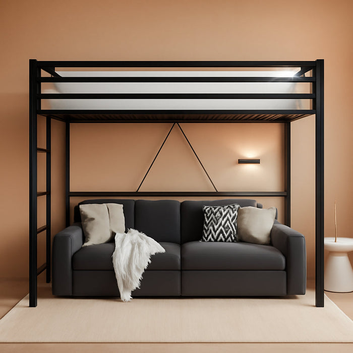 Metal Loft Bed Twin Size with Guardrail and Ladder, Small Space Saving Design for Bedroom Kid Room and Dorm, No Box Spring Needed, Black