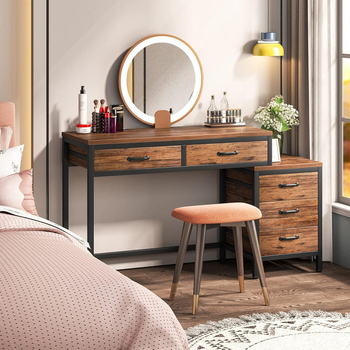 Computer Desk with 5 Drawers, Home Office Desks with Reversible Drawer Cabinet Printer Stand, Industrial PC Desk with Storage, Rustic Study Writing Table Workstation for Small Spaces