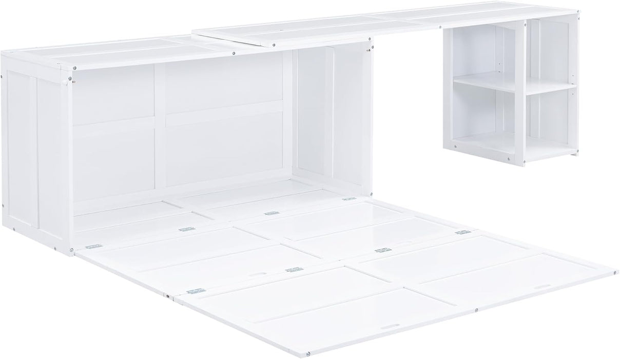 Queen Size Murphy Bed with Rotable Desk, Space-Saving Design Wall Cabinet Bed Frame with Storage Shelves for Bedroom and Guest Room, No Box Spring Required, White