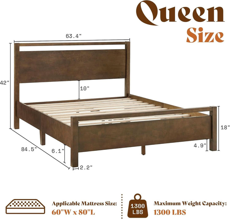 Queen Size Solid Wood Bed Frame with Headboard, Minimalist Platform Bed with Wooden Slats Support/No Box Spring Needed/Easy Assembly/Noise-Free, Dark Brown