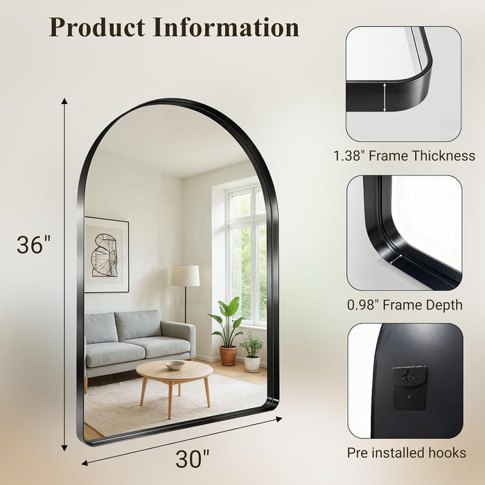 36"X30" Black Arched Mirror, Arched Wall Mirror with Metal Frame, Wall Mounted Large Arched Mirror for Living Room, Restroom, Entryway, Tempered Glass, Modern Home Decor