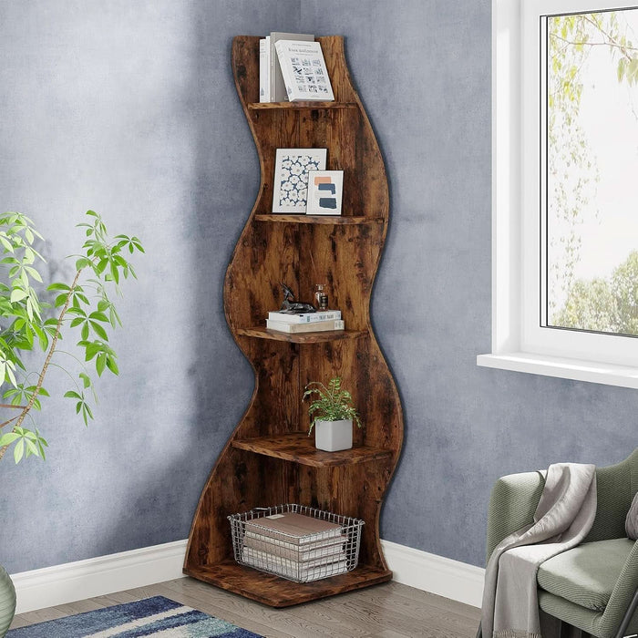 Corner Shelf, Rustic 5-Tier Wall Corner Bookshelf, Stylish Corner Small Bookcase Storage Rack Plant Stand with Unique Shape for Living Room, Home Office (1PC, Brown)