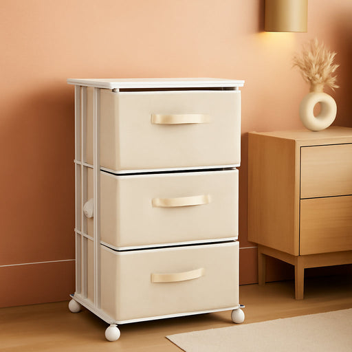 Dresser Tower with 3 Drawers,Fabric Dresser Drawer Organizer Unit,Dresser Chest with Wood Top,Vertical Storage Dresser,Small Dresser for Bedroom,Office-Beige
