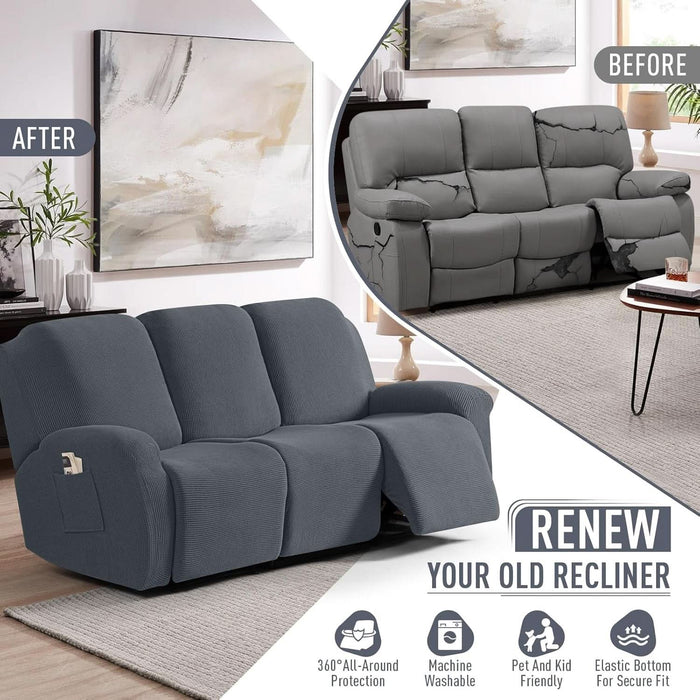 Recliner Sofa Covers 8-Pieces Stretch Large Couch Covers for 3 Seats Reclining Slipcovers Soft Jacquard Pattern Furniture Protector (Grey)