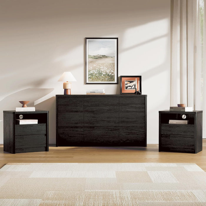 Black Dresser for Bedroom, 55" Wide Mid Century Modern Chest of Drawers with 9 Large Storage Space and Curved Edge Design, 9 Drawer Large Dresser for Bedroom