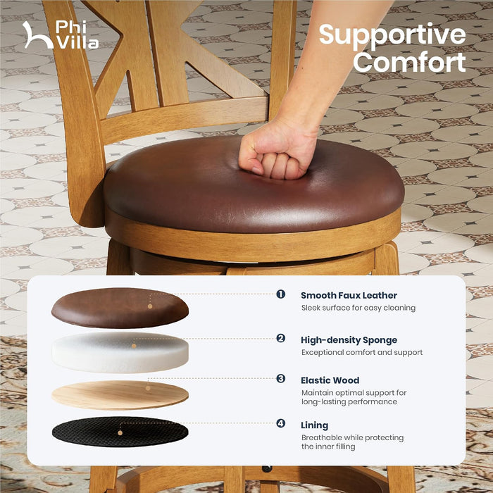 26 Inch Swivel Bar Stools Set of 2, Counter Height Bar Stools | Wooden Bar Stools, Faux Leather Kitchen Stools, Counter Height Chairs with Solid Wood Legs & Wrap-Around Footrest