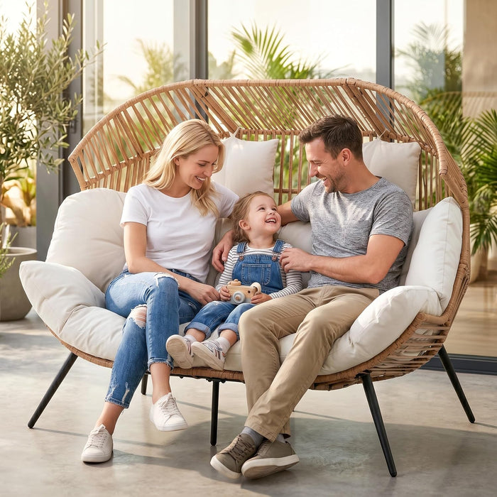 Double Egg Chair Wicker Outdoor Chairs, 2 Person Oversized Patio Loveseat Lounge Chair with Cushion, Indoor Living Room Bedroom outside Patio Backyard Balcony Leisure Chair, Creamy White