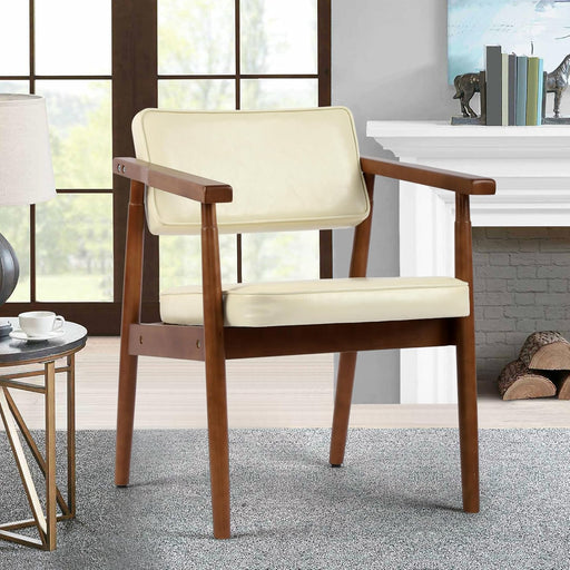 Mid Century Dining Chairs with Wooden Handrail, Beige Fabric Upholstered Faux Leather Armchair Comfy Backrest Modern Kitchen Chairs for Bedroom Living Room Dining Room, Set of 1