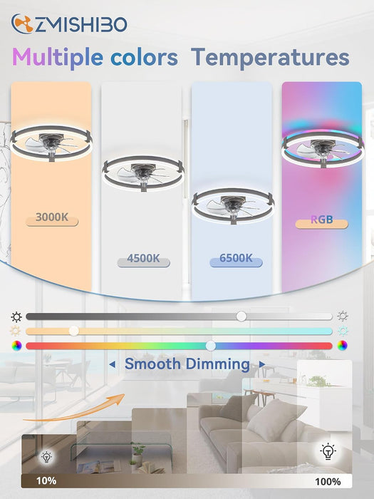 20" RGB Low Profile Ceiling Fans with Lights and Remote, Grey