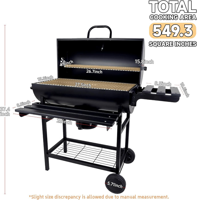 Charcoal Grill with Lid, 27" Outdoor BBQ Grill with Thermometer, Side Shelves, Wheels & Ash Catcher, Large Barrel Charcoal Smoker for Backyard, Camping & Outdoor Cooking