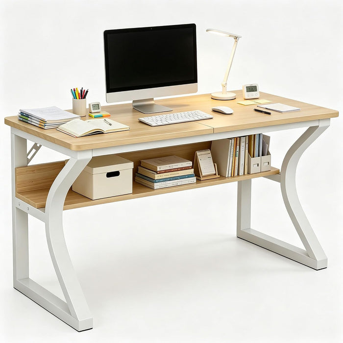 47'' Computer Desk Home Office Desk, Modern Computer Desk W/U Shaped Metal Frame, Storage Shelves, PC Table Study Writing Desk Workstation for Home Office (55Inch/Light Walnut Color)