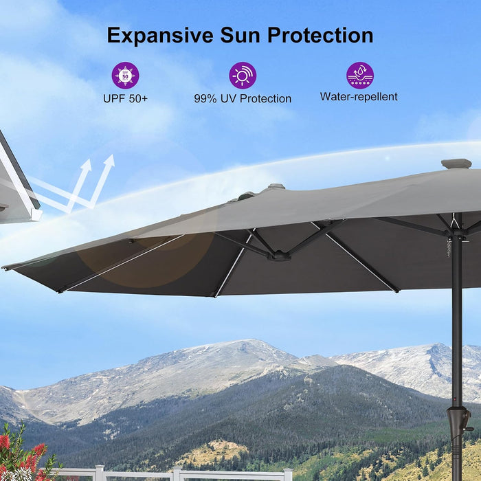 13Ft Double-Sided Patio Umbrella with Solar Lights Outdoor Market Umbrella with Base and Crank Handle Table Umbrella for Backyard Pool Garden Deck, Grey