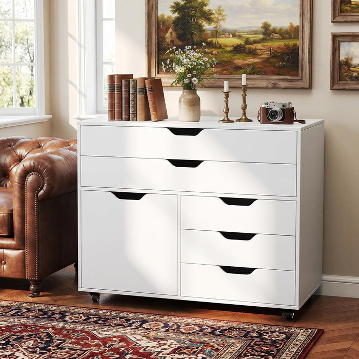 Rolling File Cabinet Five Drawers White OrganizerPro